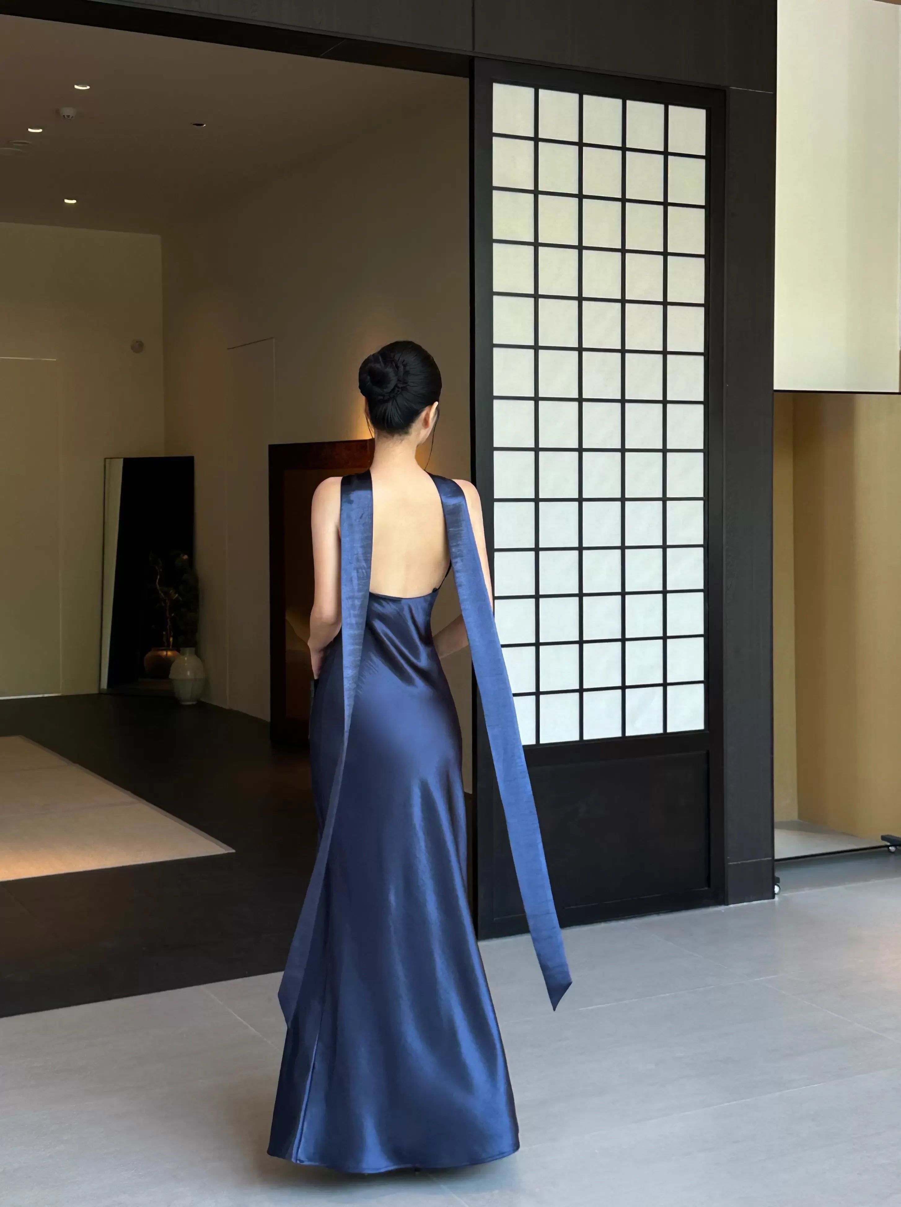 Sophisticated Mermaid Halter Neck Sleeveless Cutout Navy Blue Maxi Prom Dress for Women Ready to Ship