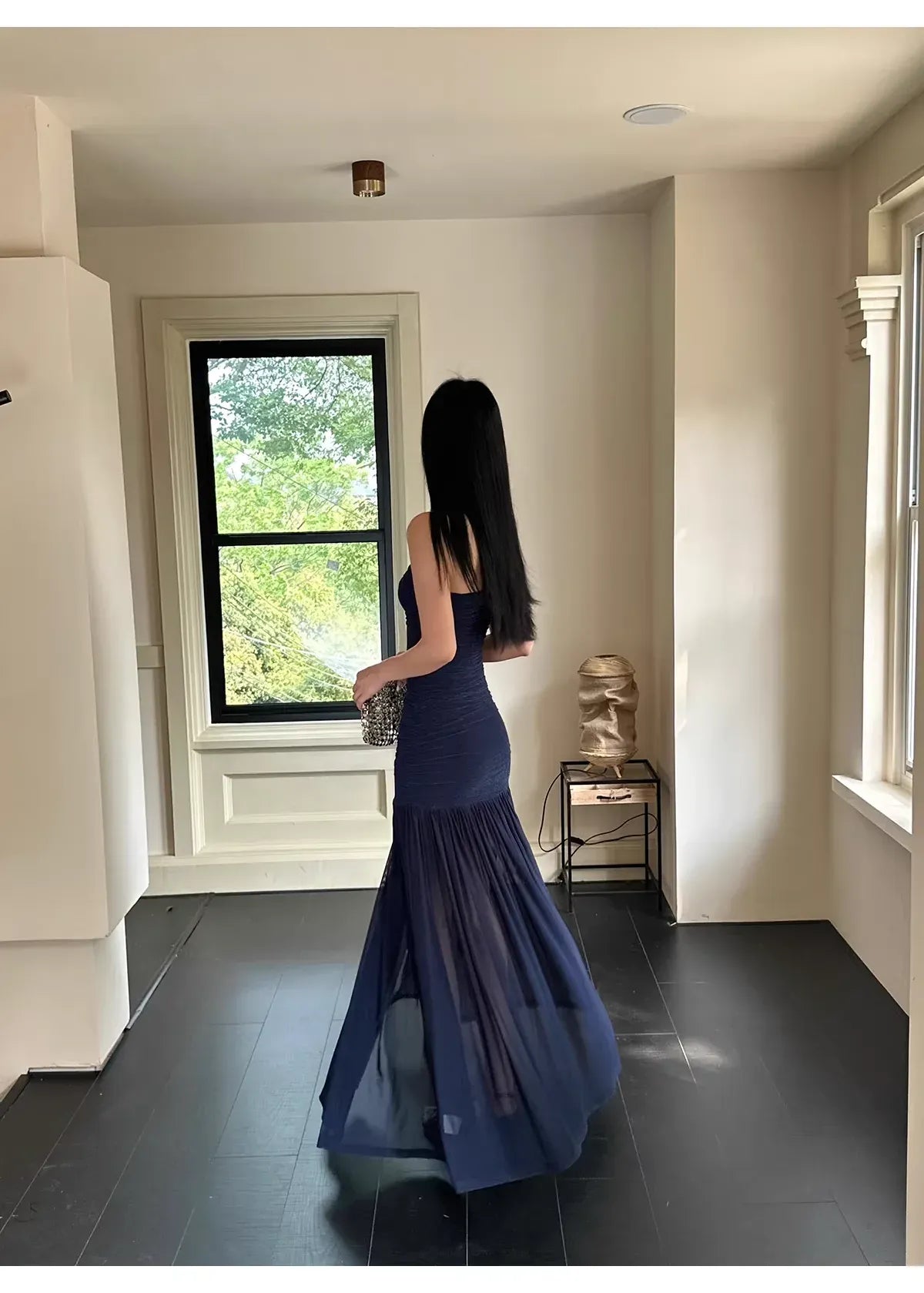 Sophisticated Mermaid Off-Shoulder Sleeveless Ruched Navy Maxi Prom Dress for Women Ready to Ship
