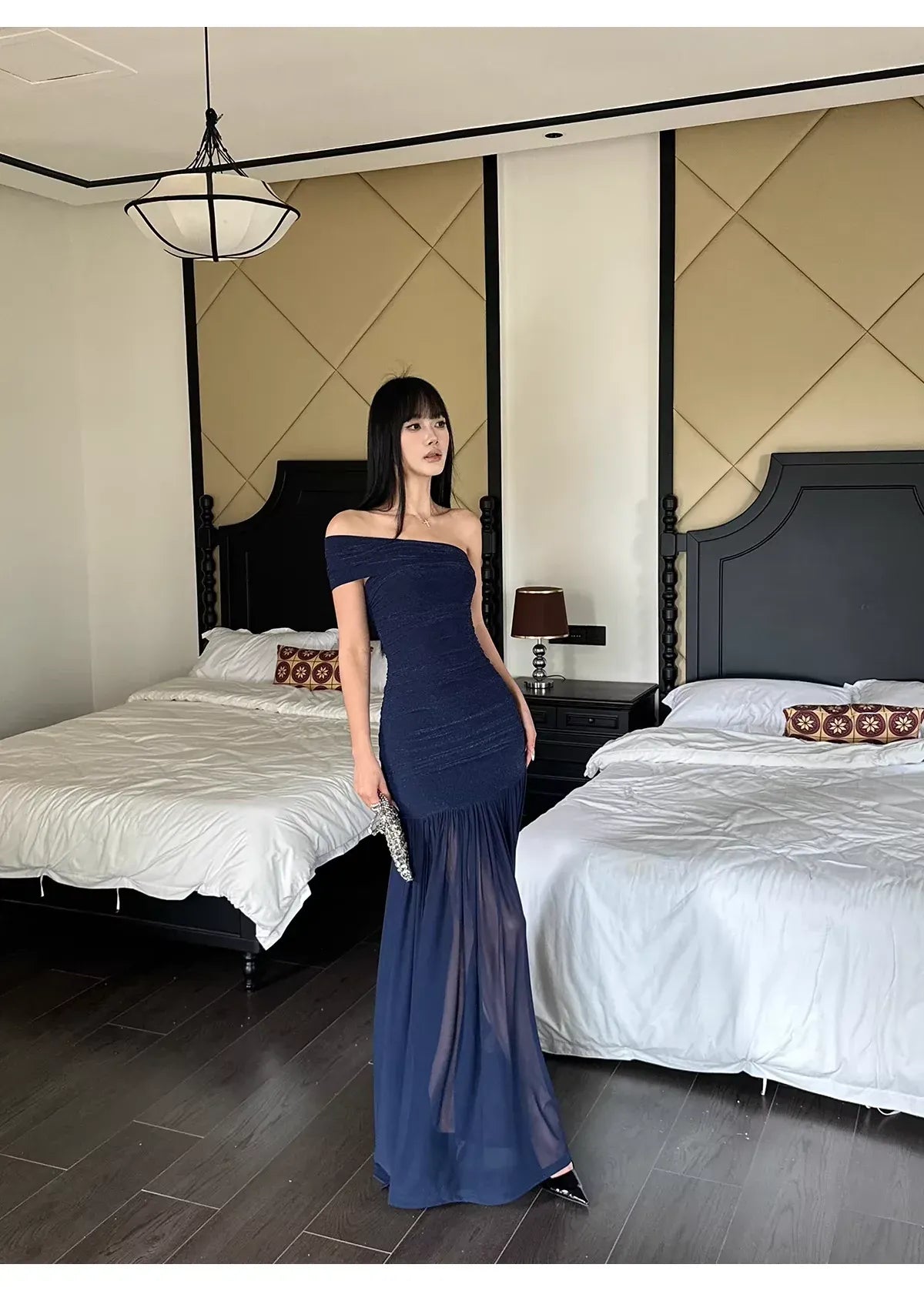 Sophisticated Mermaid Off-Shoulder Sleeveless Ruched Navy Maxi Prom Dress for Women Ready to Ship