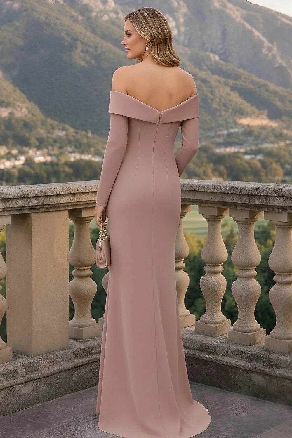 Sophisticated Mermaid Off Shoulder Ruched Slit Dusty Rose Train Prom Dress For Sale