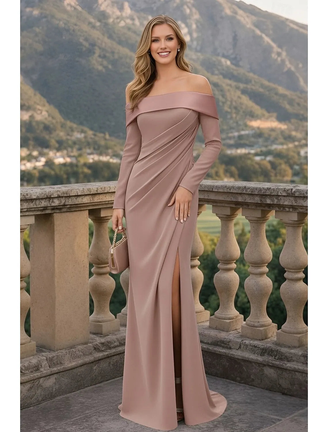 Sophisticated Mermaid Off Shoulder Ruched Slit Dusty Rose Train Prom Dress For Sale