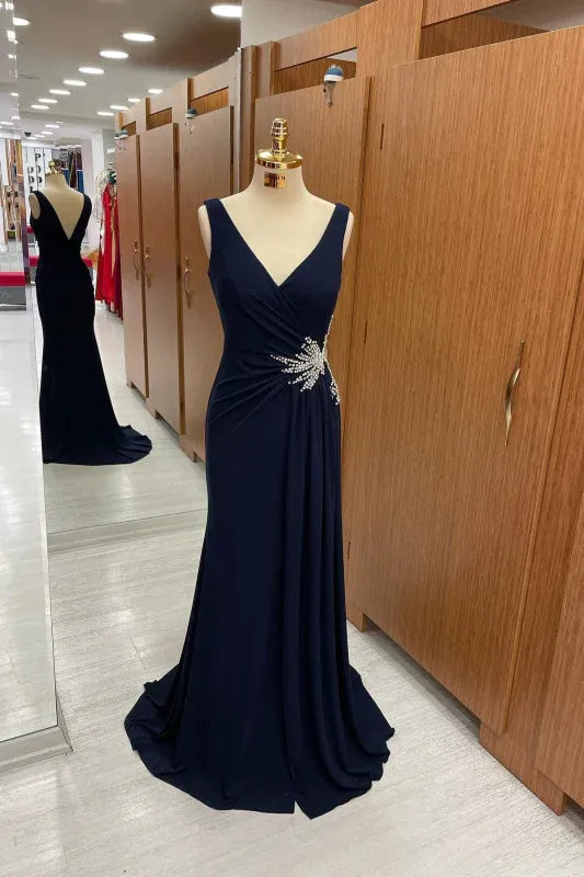 Sophisticated Mermaid V-neck Sleeveless Beaded Navy Blue Floor-length Prom Dress for Women Ready to Ship