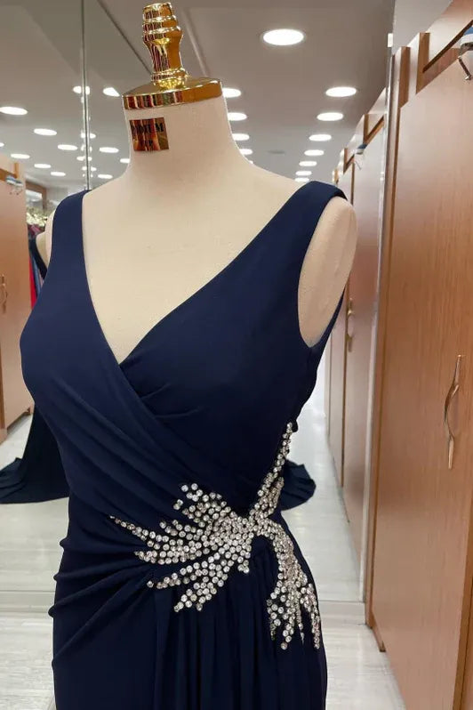 Sophisticated Mermaid V-neck Sleeveless Beaded Navy Blue Floor-length Prom Dress for Women Ready to Ship
