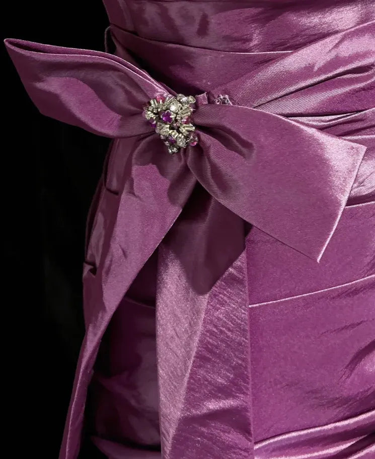 Sophisticated Mermaid V Neck Cap-Sleeve Ruched Plum Train Prom Dress