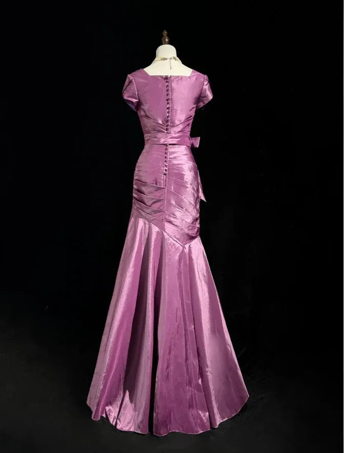 Sophisticated Mermaid V Neck Cap-Sleeve Ruched Plum Train Prom Dress