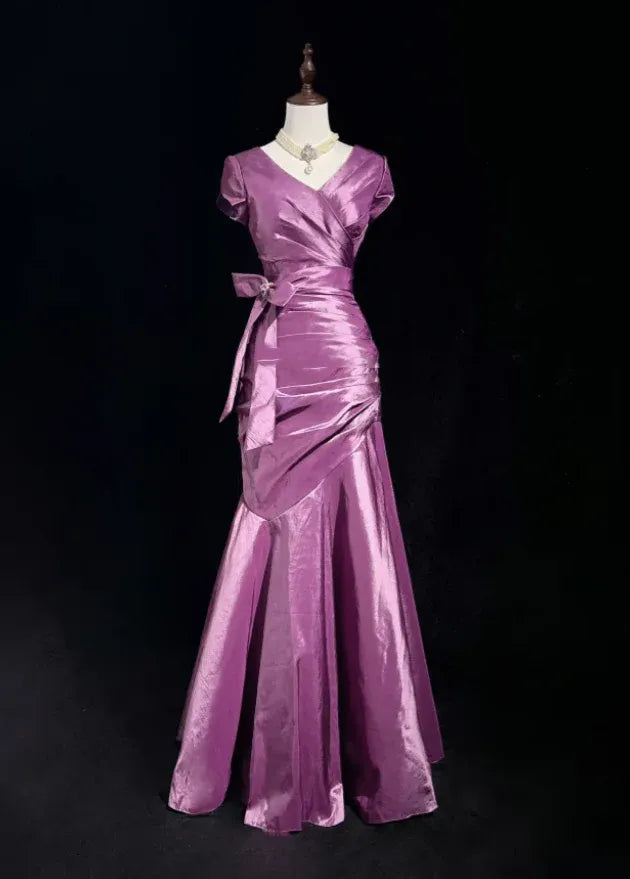Sophisticated Mermaid V Neck Cap-Sleeve Ruched Plum Train Prom Dress