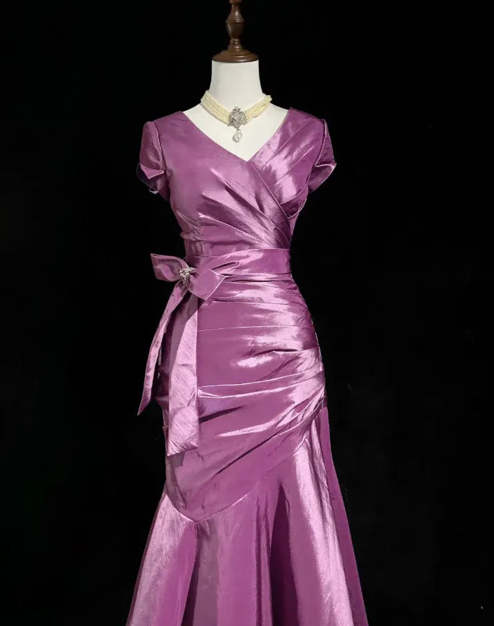 Sophisticated Mermaid V Neck Cap-Sleeve Ruched Plum Train Prom Dress