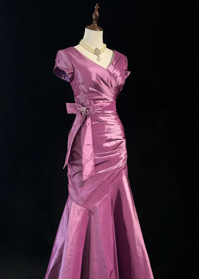 Sophisticated Mermaid V Neck Cap-Sleeve Ruched Plum Train Prom Dress