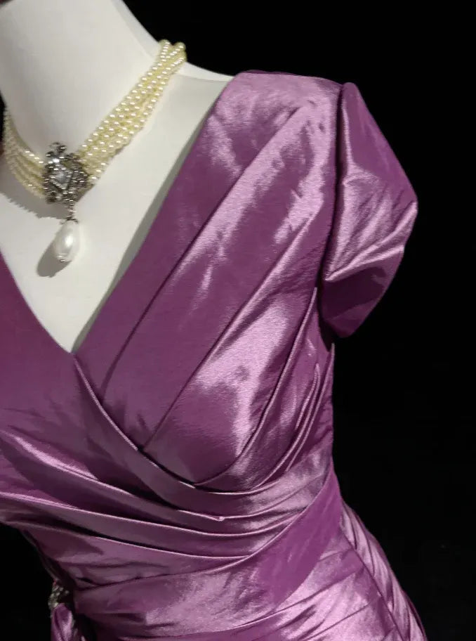 Sophisticated Mermaid V Neck Cap-Sleeve Ruched Plum Train Prom Dress