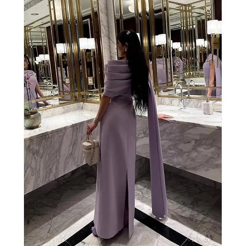 Sophisticated Sheath Crew Neck Ruched Lavender Prom Dress With Back Slit