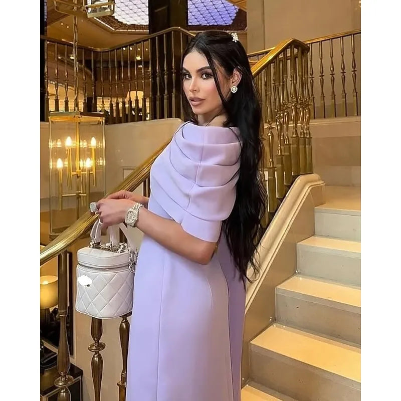 Sophisticated Sheath Crew Neck Ruched Lavender Prom Dress With Back Slit