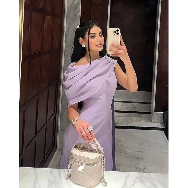 Sophisticated Sheath Crew Neck Ruched Lavender Prom Dress With Back Slit
