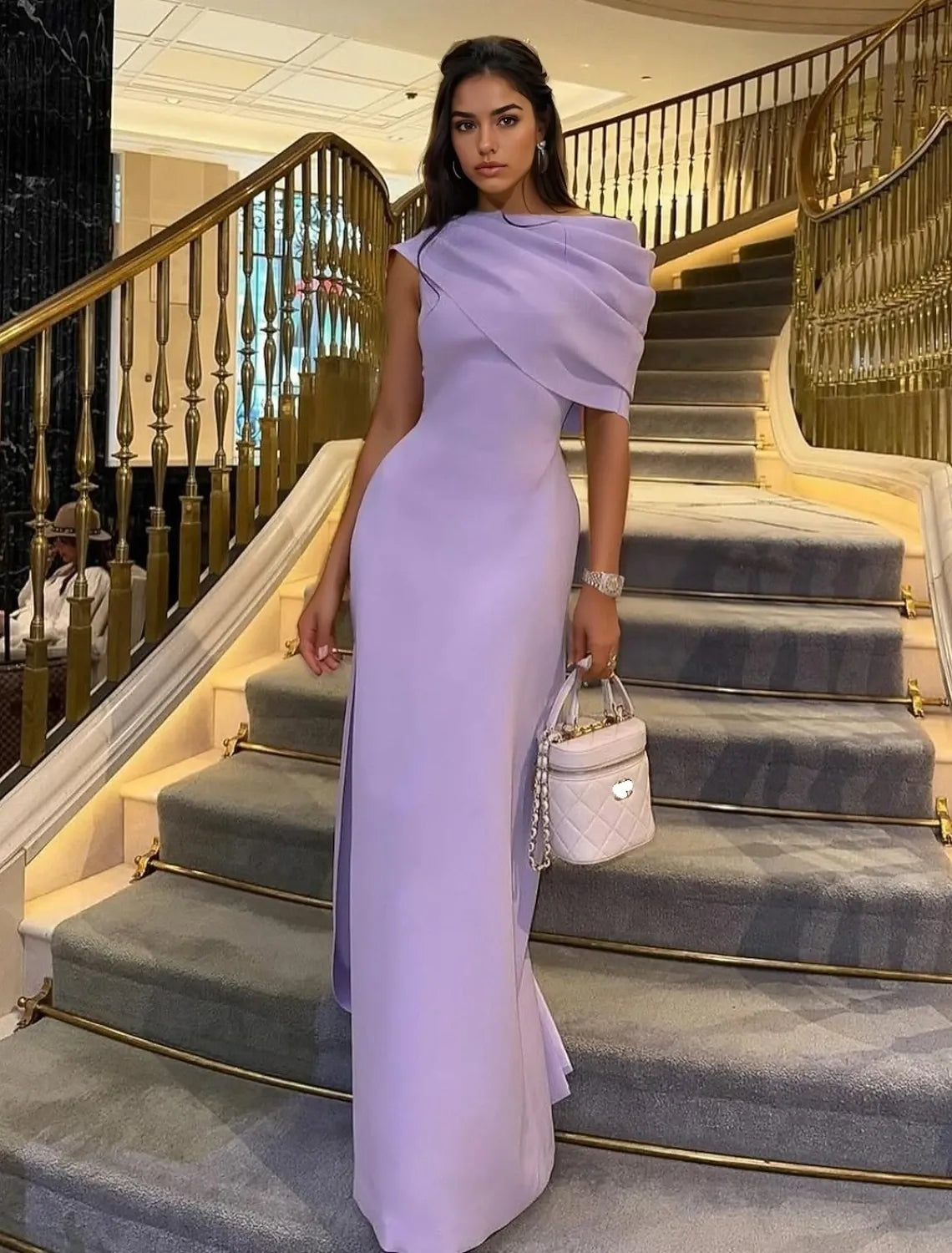 Sophisticated Sheath Crew Neck Ruched Lavender Prom Dress With Back Slit