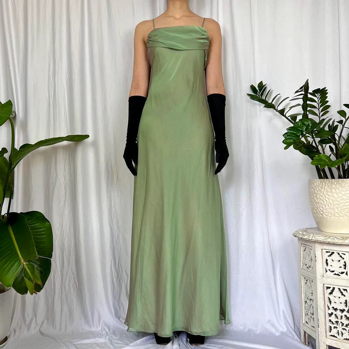 Spaghetti Strap Double Ruffle Chiffon Tulle Green Long Party Dress
