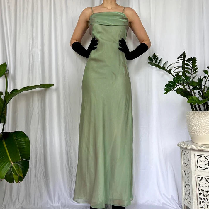 Spaghetti Strap Double Ruffle Chiffon Tulle Green Long Party Dress