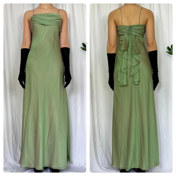 Spaghetti Strap Double Ruffle Chiffon Tulle Green Long Party Dress