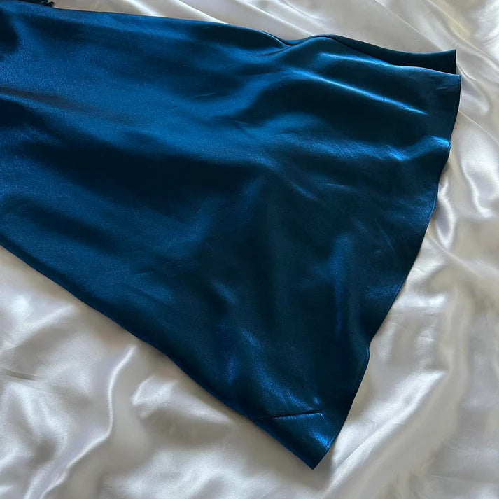 Spaghetti Strap Ruffle Chiffon Navy Blue Long Party Dress With Streamer