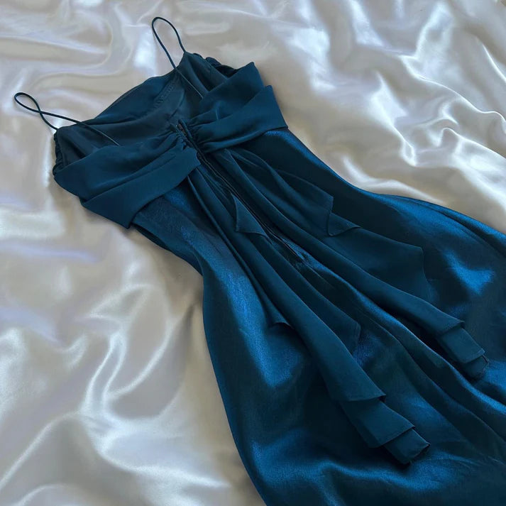 Spaghetti Strap Ruffle Chiffon Navy Blue Long Party Dress With Streamer