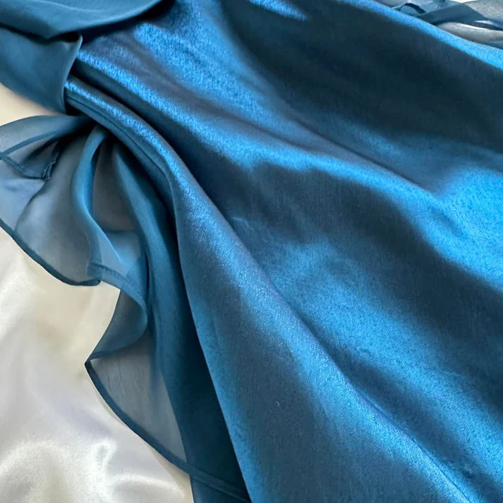 Spaghetti Strap Ruffle Chiffon Navy Blue Long Party Dress With Streamer