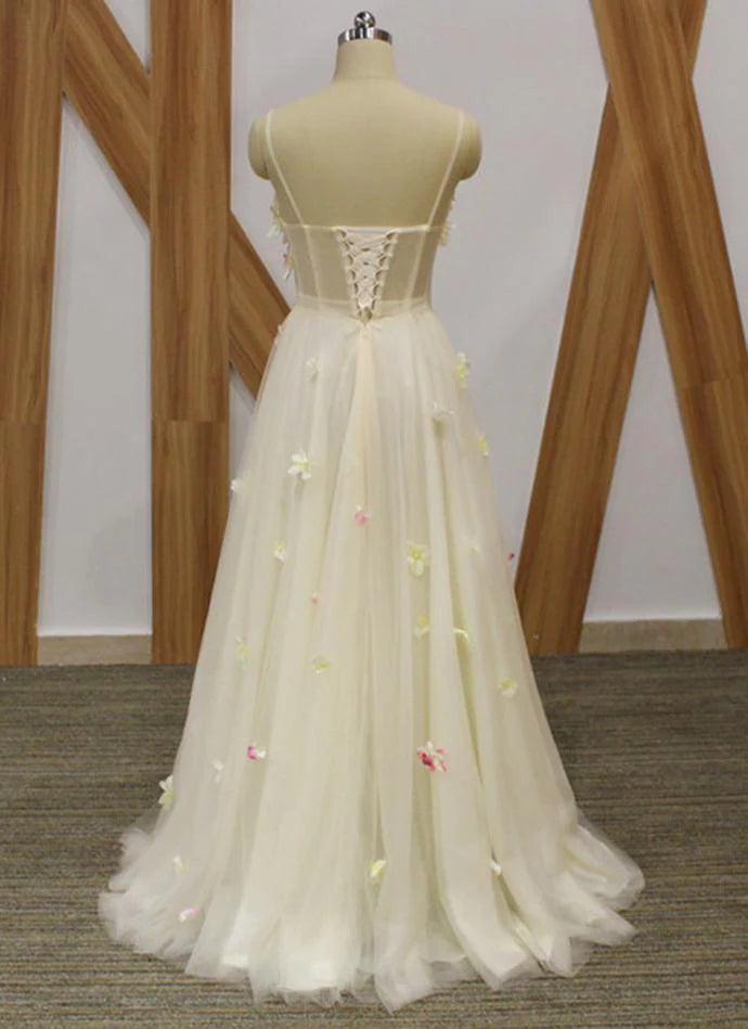 Spaghetti Straps 3D Applique Corset Tulle Ivory Long Prom Dress Evening Dress