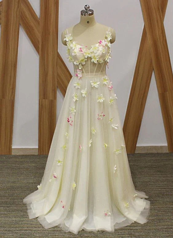 Spaghetti Straps 3D Applique Corset Tulle Ivory Long Prom Dress Evening Dress