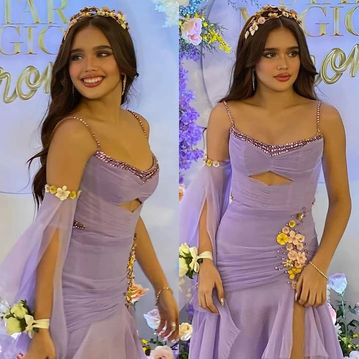 Spaghetti Straps Beaded Cut Out Lavender Long Prom Dresses With High Slit