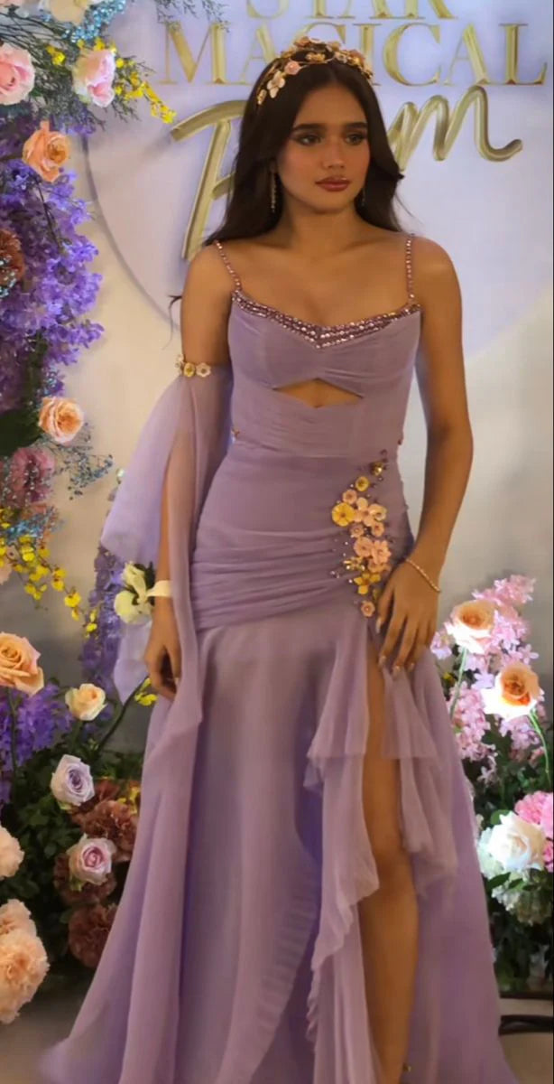 Spaghetti Straps Beaded Cut Out Lavender Long Prom Dresses With High Slit