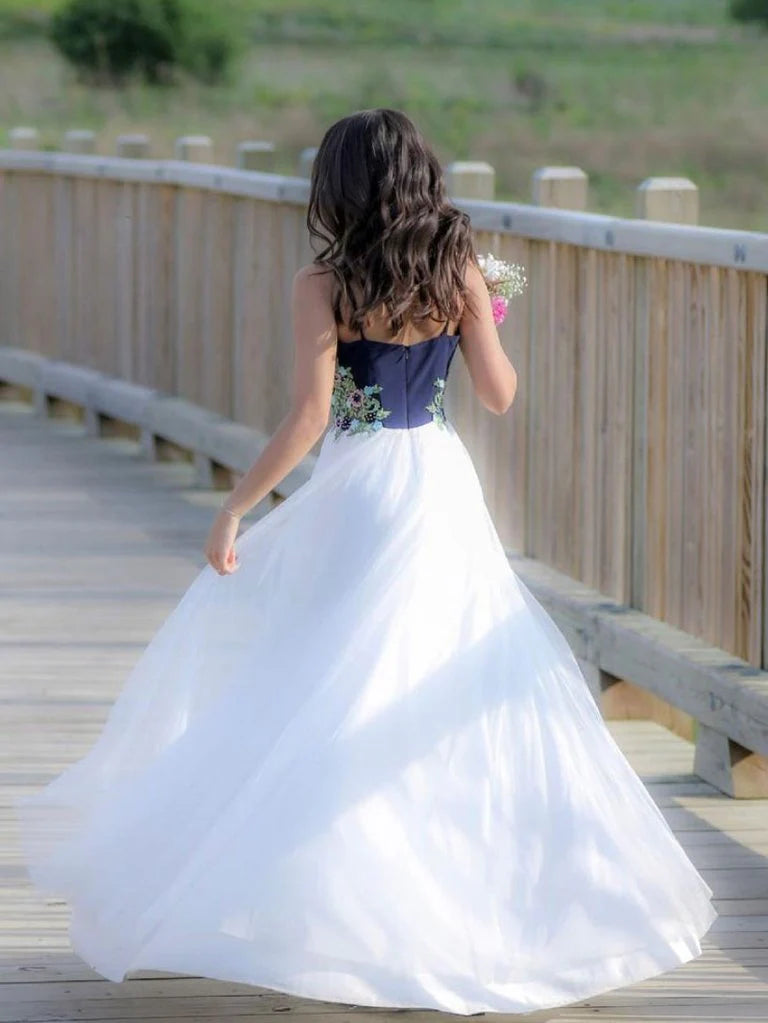 Spaghetti Straps Beaded Lace Tulle White Long Prom Dress Evening Dress