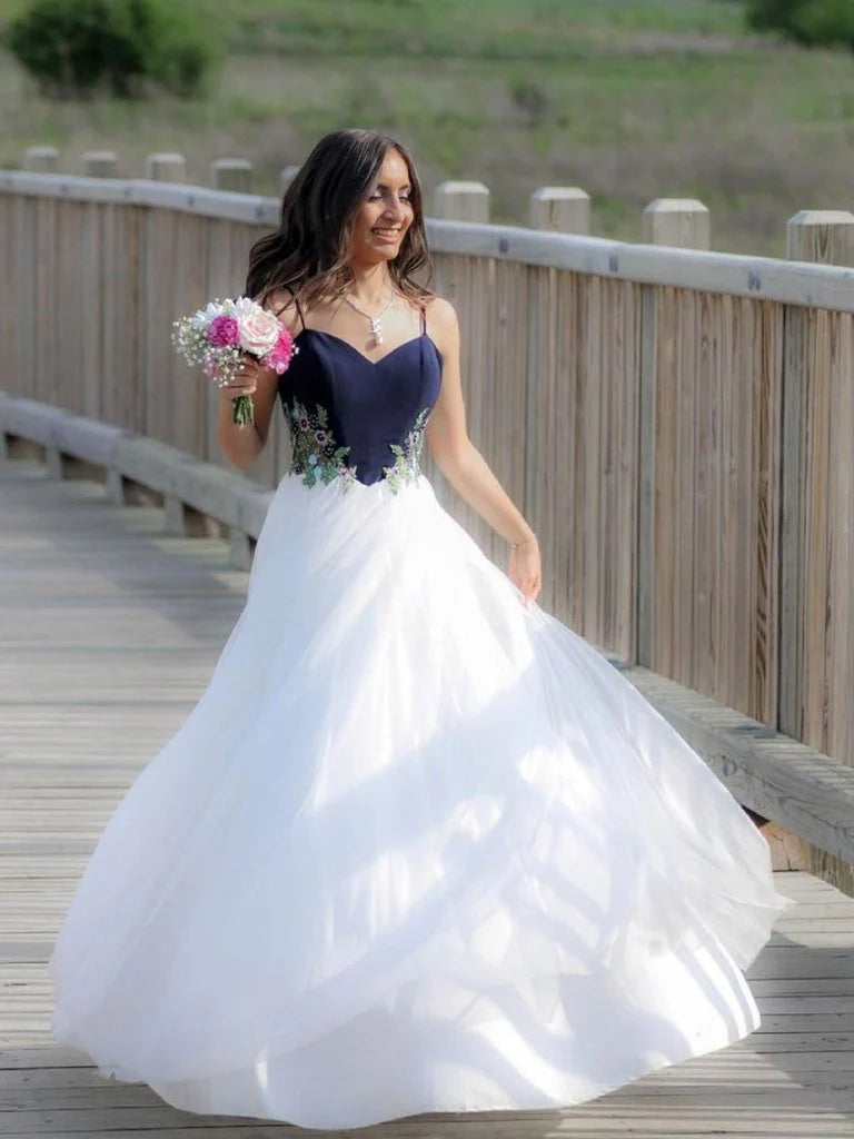 Spaghetti Straps Beaded Lace Tulle White Long Prom Dress Evening Dress