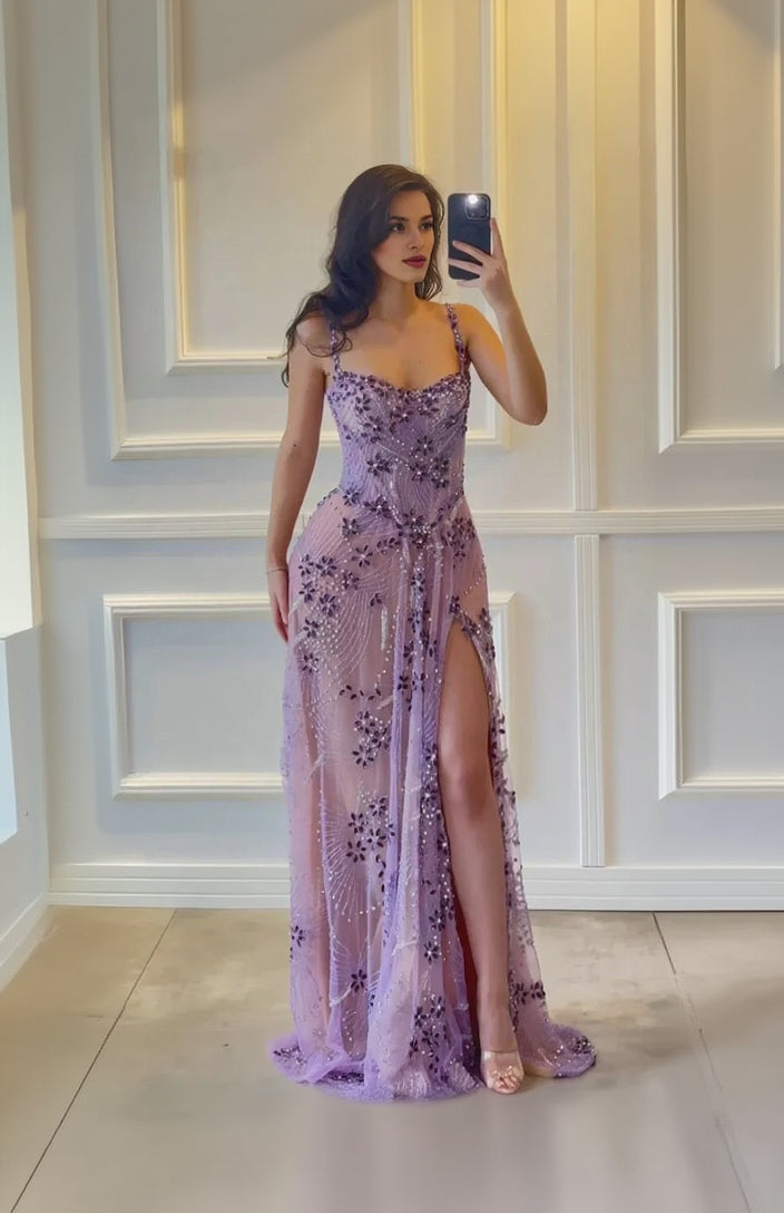 Spaghetti Straps Beaded Lilac Long Prom Dress Party Dress With High Split
