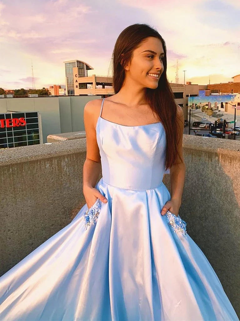 Spaghetti Straps Beaded Satin Light Blue Long Prom Dress With Pocket