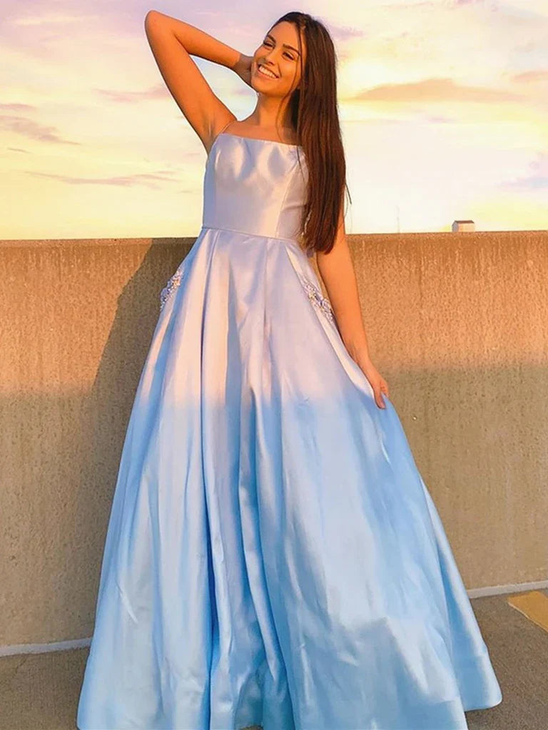 Spaghetti Straps Beaded Satin Light Blue Long Prom Dress With Pocket