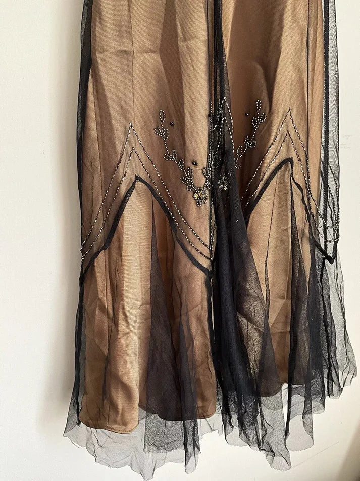 Spaghetti Straps Beaded Sequins Tulle Golden Brown Long Party Dress