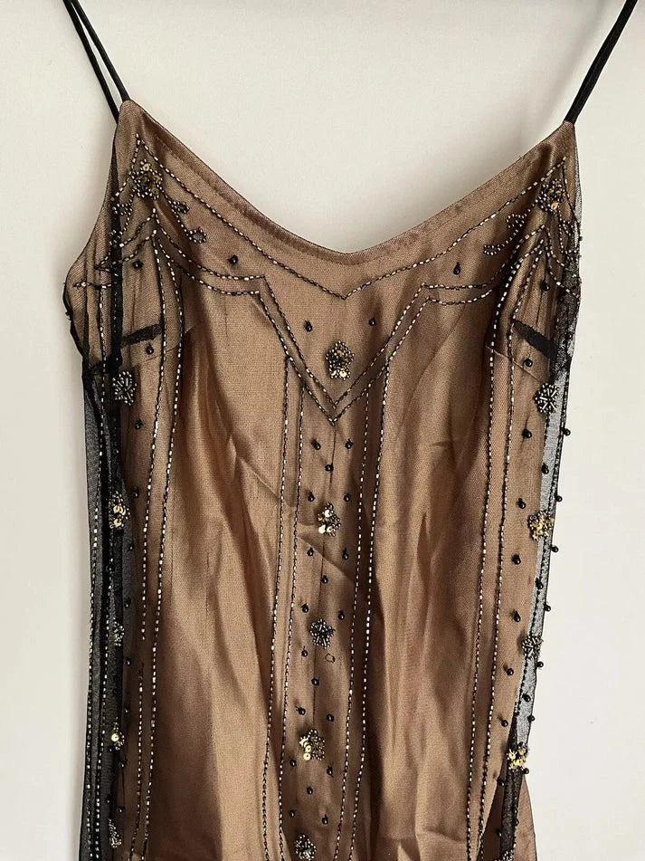 Spaghetti Straps Beaded Sequins Tulle Golden Brown Long Party Dress