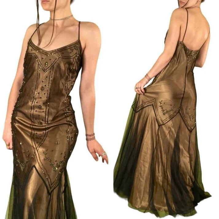 Spaghetti Straps Beaded Sequins Tulle Golden Brown Long Party Dress