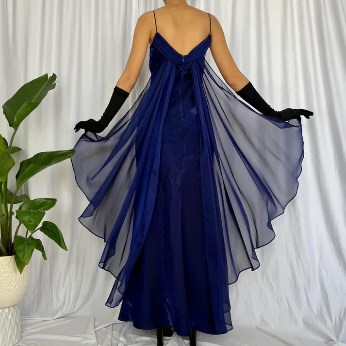 Spaghetti Straps Chiffon Tulle Moonlight Blue Long Party Dress With Streamer