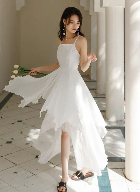 Spaghetti Straps Chiffon White Prom Dress Party Dress With Asymmetrical Hem