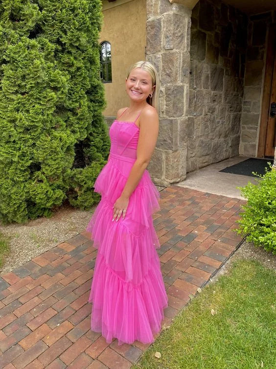 Spaghetti Straps Corset Layered Tulle Hot Pink Long Prom Dress