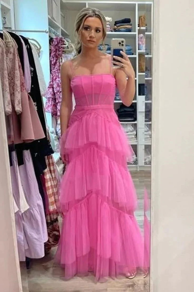Spaghetti Straps Corset Layered Tulle Hot Pink Long Prom Dress