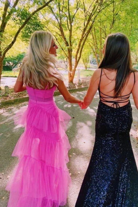 Spaghetti Straps Corset Layered Tulle Hot Pink Long Prom Dress