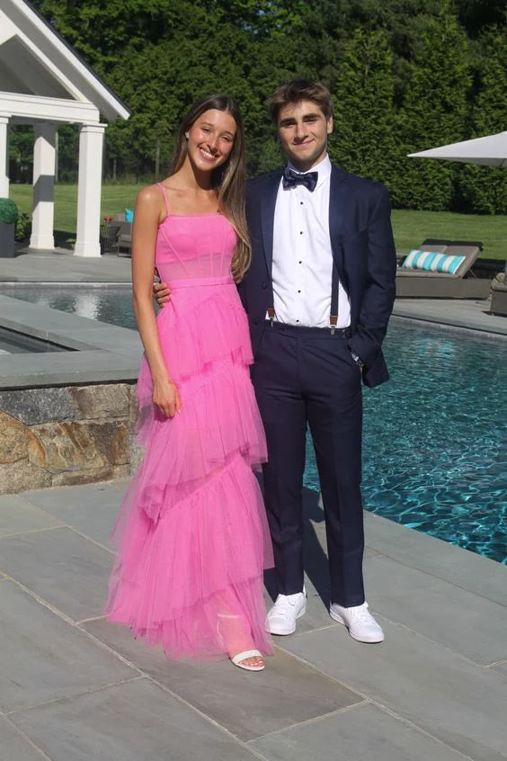 Spaghetti Straps Corset Layered Tulle Hot Pink Long Prom Dress