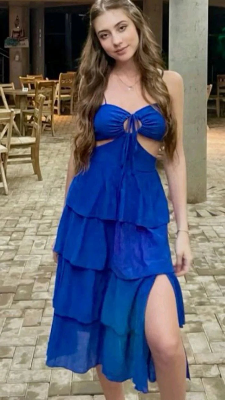 Spaghetti Straps Cut Out Tiered Blue Prom Dress Party Dress With Split