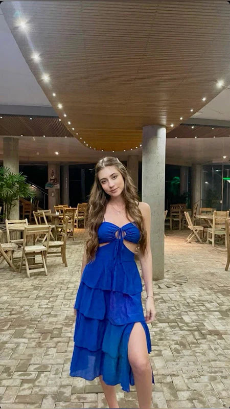 Spaghetti Straps Cut Out Tiered Blue Prom Dress Party Dress With Split