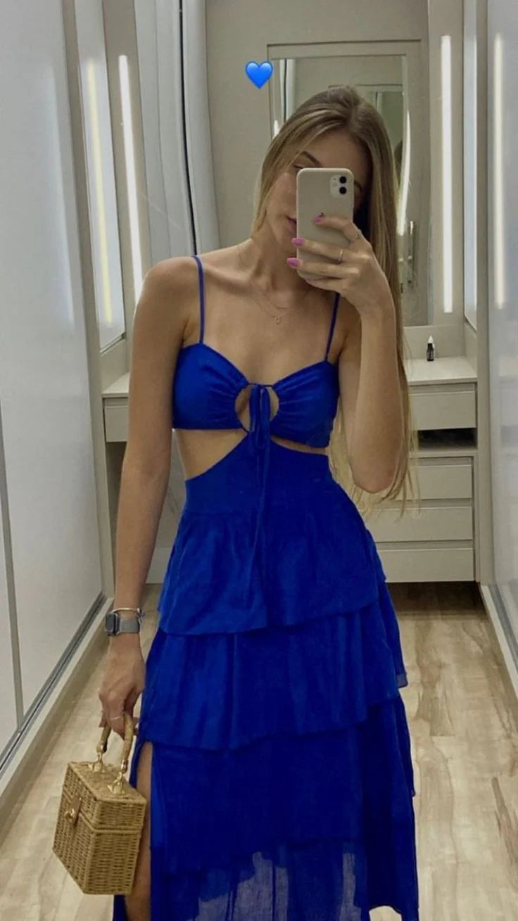 Spaghetti Straps Cut Out Tiered Blue Prom Dress Party Dress With Split