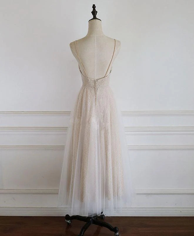 Spaghetti Straps Lace Light Champagne Tea Length Wedding Dress Prom Dress