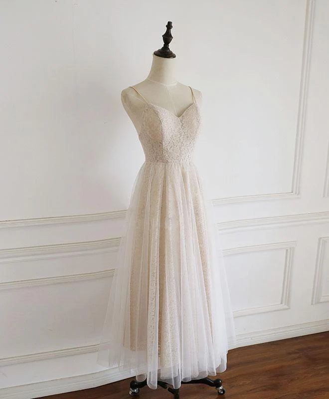 Spaghetti Straps Lace Light Champagne Tea Length Wedding Dress Prom Dress