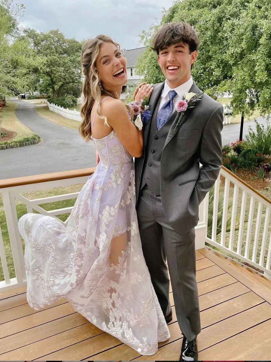 Spaghetti Straps Lace Tulle Light Purple Long Prom Dress Evening Dress