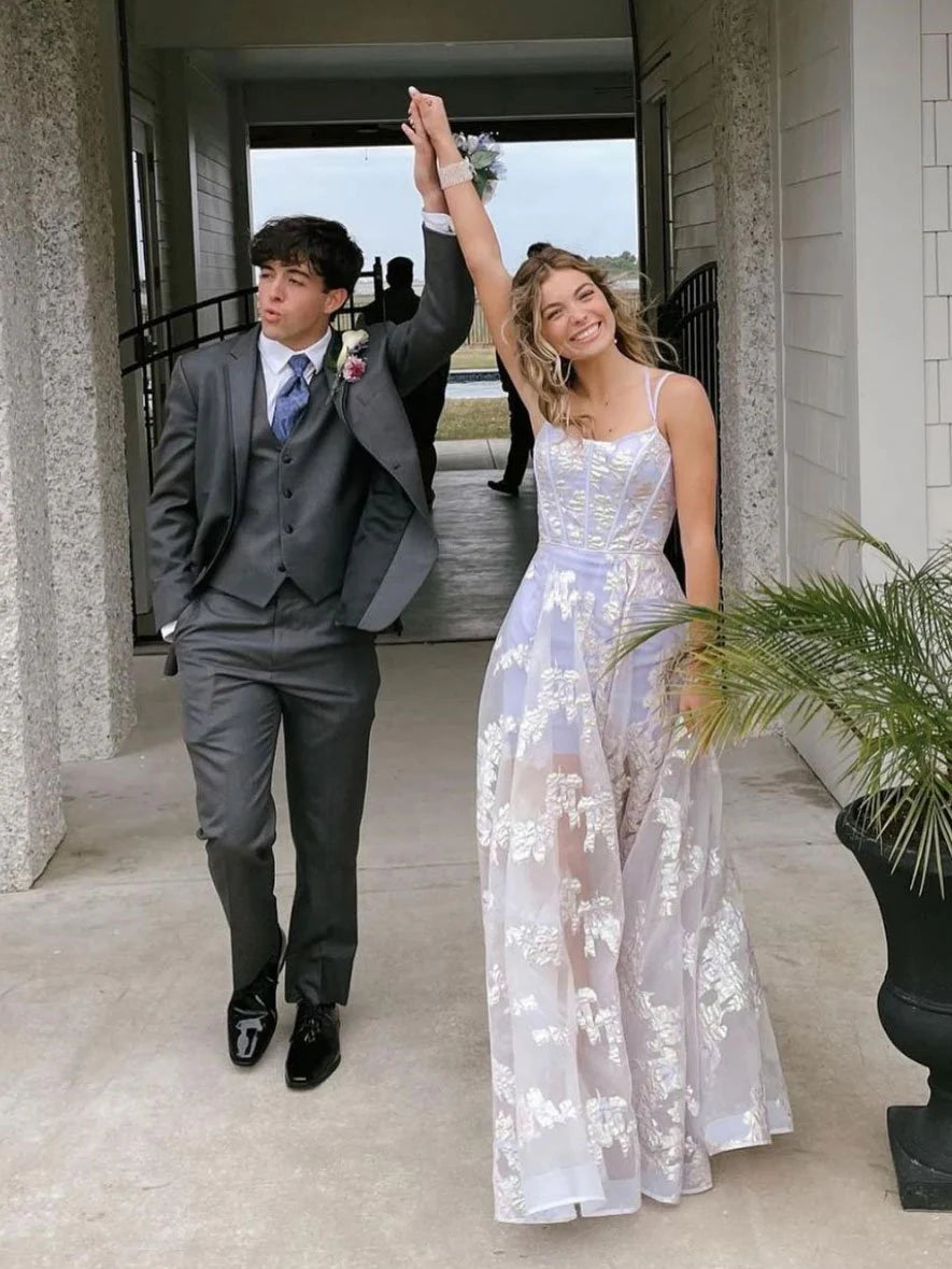 Spaghetti Straps Lace Tulle Light Purple Long Prom Dress Evening Dress