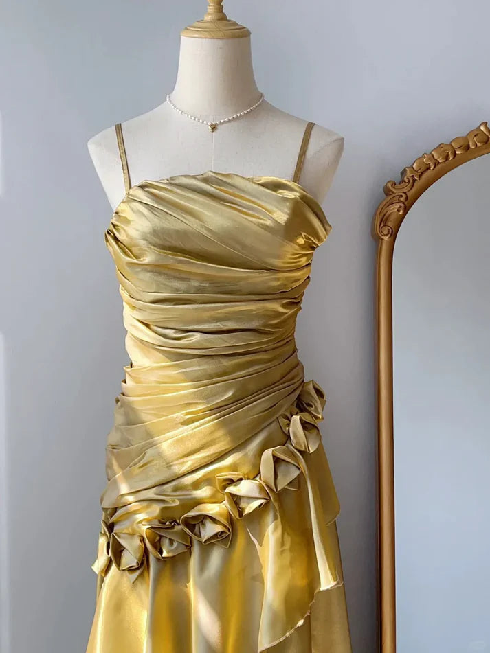 Spaghetti Straps Pleated Ruffle Satin Yellow Long Prom Dress Party Dress