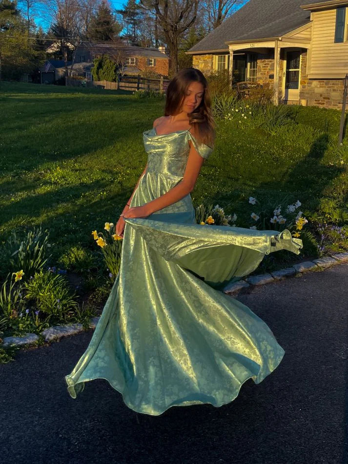 Spaghetti Straps Printing Satin Green Long Party Dress Prom Dress